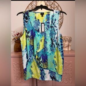 Worthington Woman 0X Sleeveless Top‎ with Blue and Yellow Abstract Print